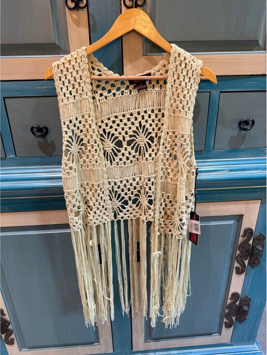 Jackets & Blazers - Rock & Roll Denim Beige Crochet Fringe Vest Large